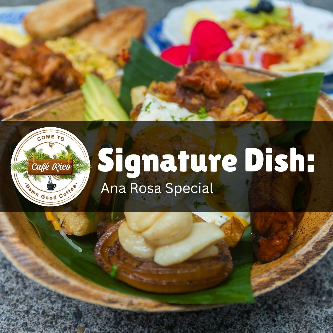 Ana Rosa Special at Café Rico — a signature breakfast bowl with crispy potatoes, ham, egg, and fresh toppings in Puerto Viejo, Costa Rica.