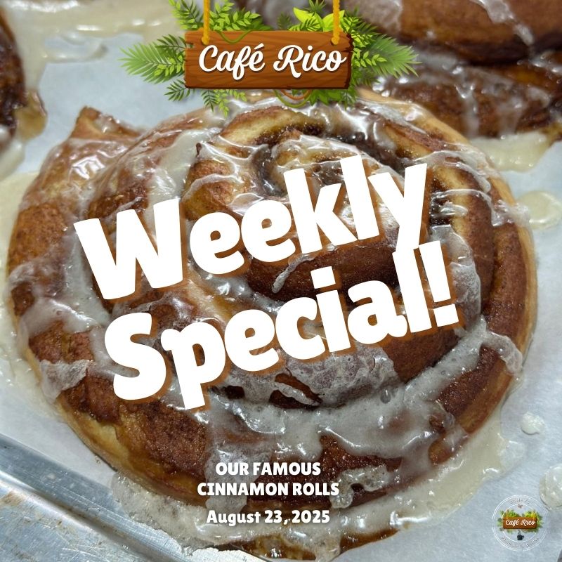 Our cinnamon rolls served with scrambled eggs and fruit at Café Rico, the award-winning breakfast café in Puerto Viejo Costa Rica