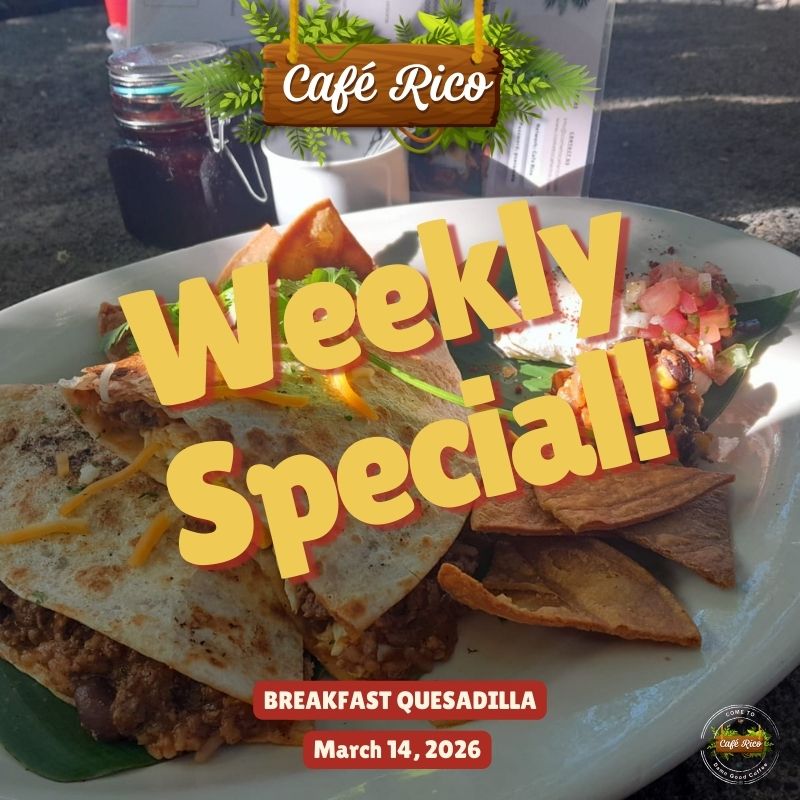 Breakfast quesadilla at Café Rico in Puerto Viejo Costa Rica filled with sausage picadillo, eggs, cheese, pinto beans, and pico de gallo served with tortilla chips, black bean corn salsa, paprika cream, and fresh pico