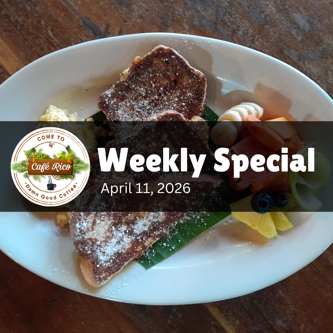 French toast trio at Café Rico, known for the best breakfast in Puerto Viejo Costa Rica, featuring traditional, cinnamon, and banana French toast with scrambled eggs and fresh local fruit