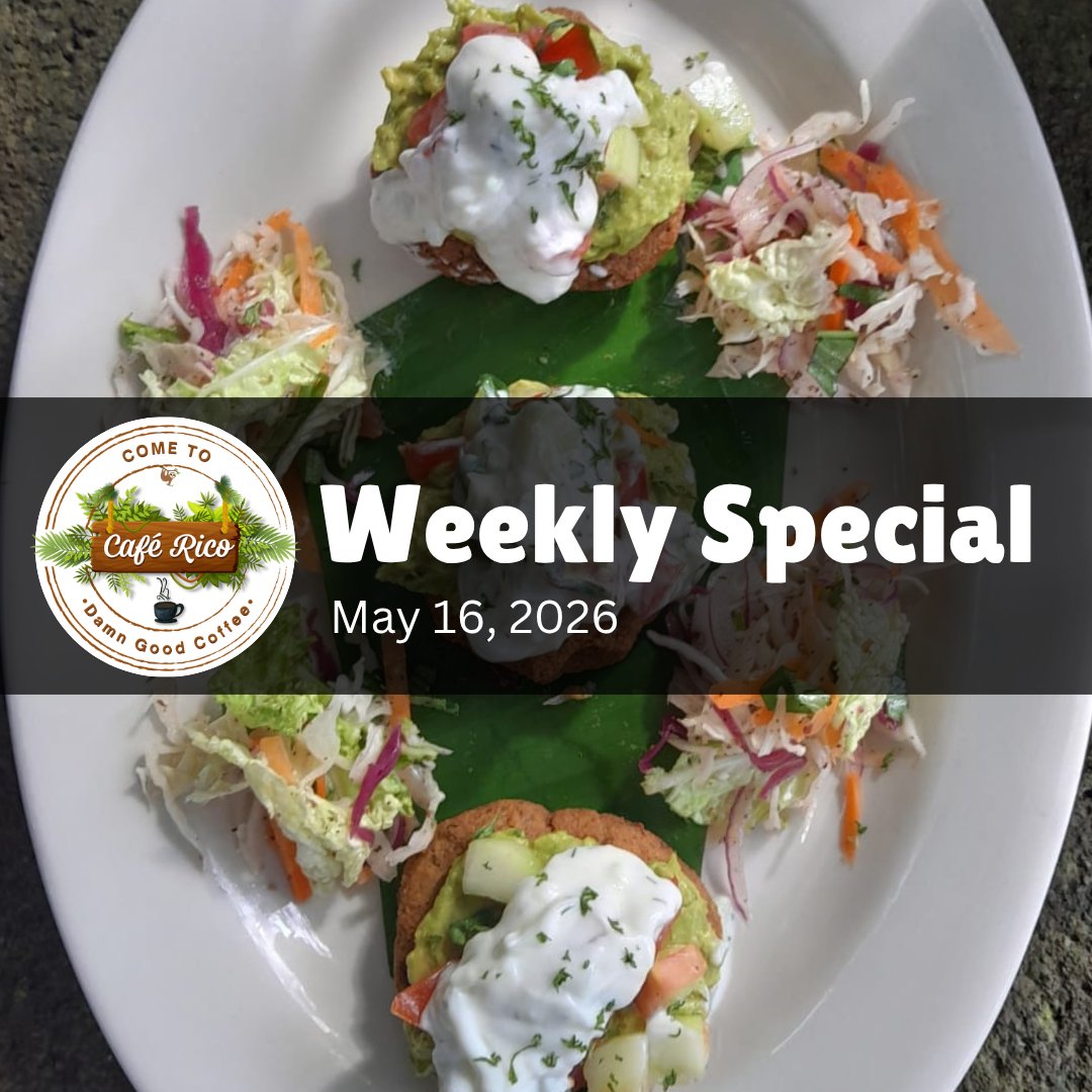 Falafel at Café Rico, known for the best breakfast in Puerto Viejo Costa Rica, topped with avocado, tomato salad, and tzatziki served with Café Rico salad