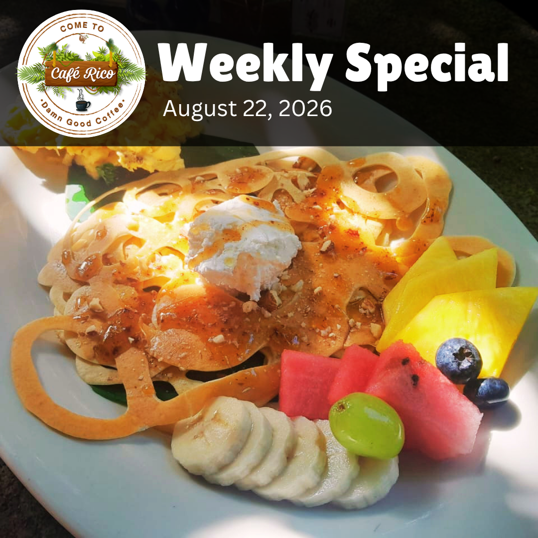 Lace pancakes with maple brown butter sauce, almonds and cream served with scrambled eggs and fresh fruit at Café Rico in Puerto Viejo Costa Rica