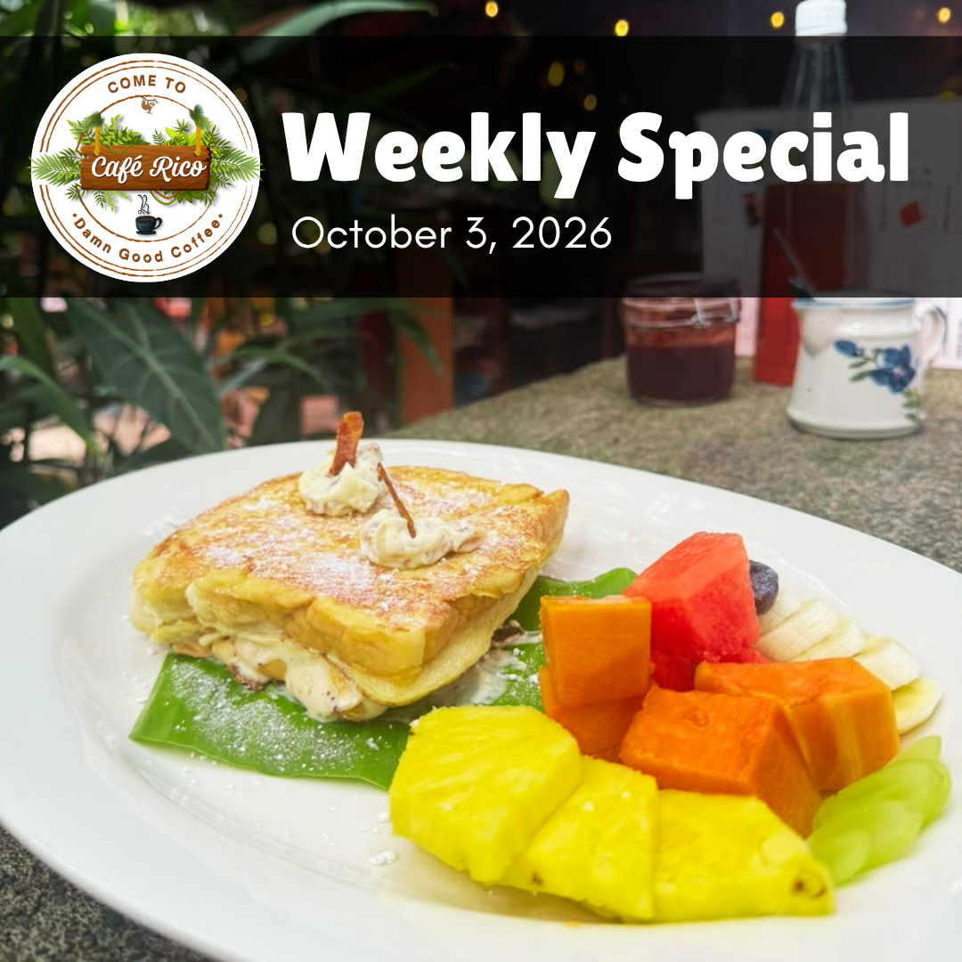 Maple bacon cream cheese-stuffed French toast served with fresh fruit at Café Rico in Puerto Viejo Costa Rica