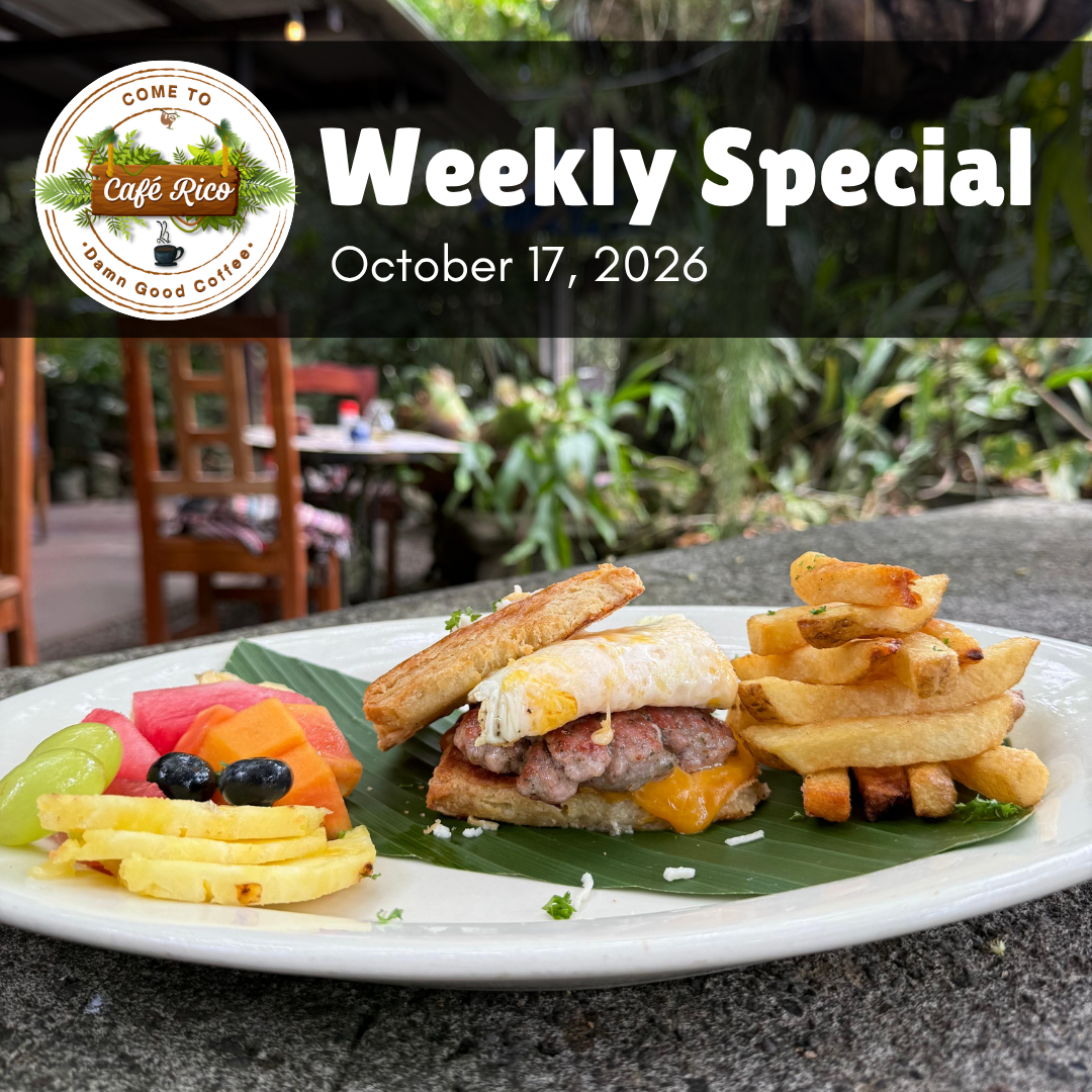 Sausage, egg and cheese biscuit served with crispy potatoes and fresh fruit at Café Rico in Puerto Viejo Costa Rica